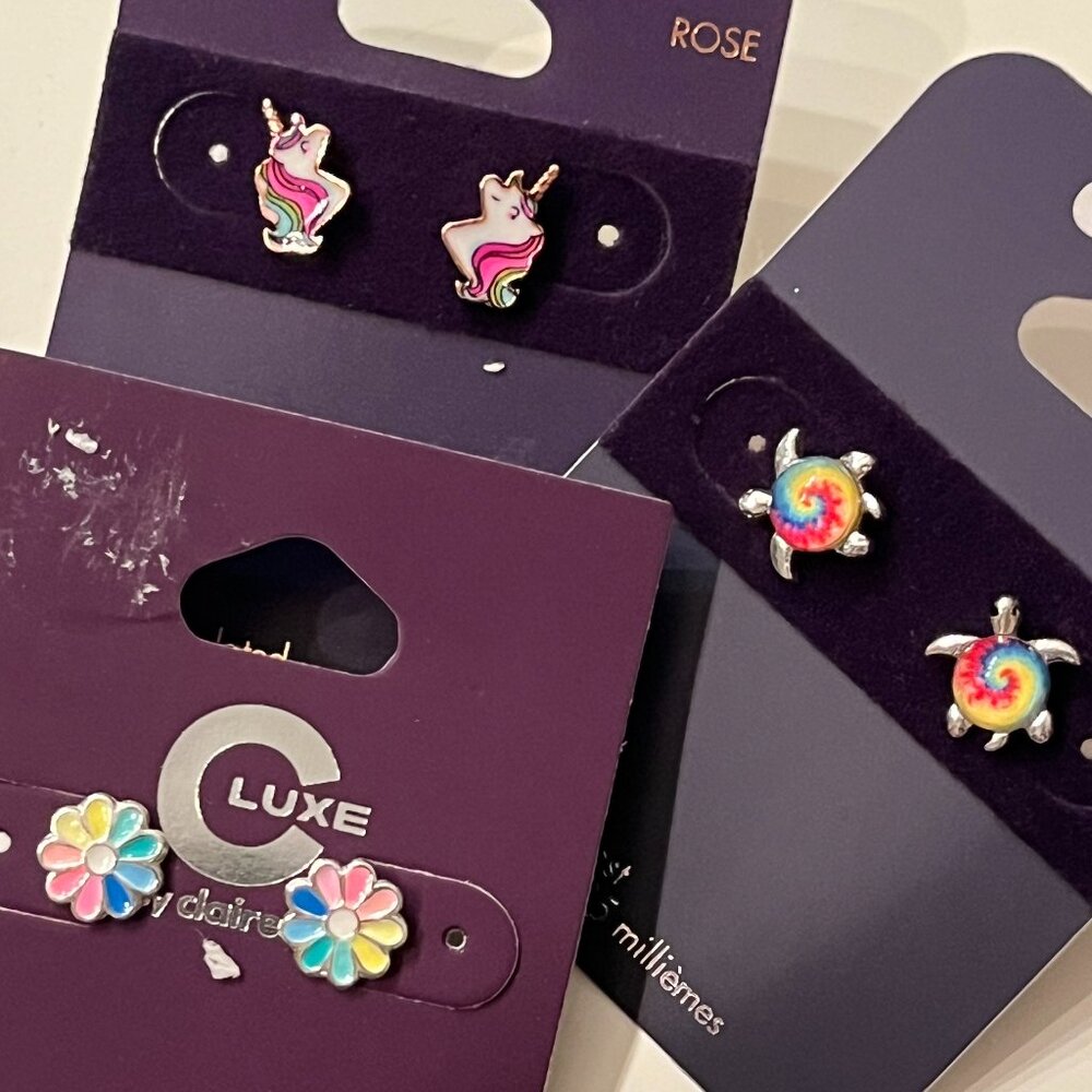 Claire’s & Luxe by Claire’s Colorful Stud Earrings Set‎ – 3 Pairs! 🌸🐢🦄 (w/x)
